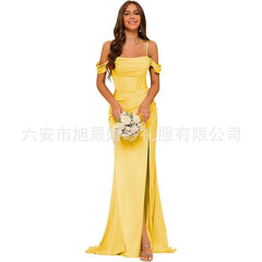 Long Satin Bridesmaid Dress Women's Thin Strap Prom Dress with Twill Evening Gown