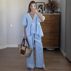 New Sweet Solid Color Set for Spring/Summer 2025, Pure Cotton V-Neck Top with Puff Short Sleeves and Long Pants - 2-Piece Set