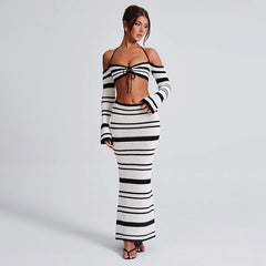 2025 Lace-up Short Crop Top with a Belly Button and Beach Bohemian Color-block Long Striped Skirt Beach Set for Women