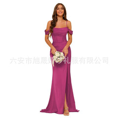 Long Satin Bridesmaid Dress Women's Thin Strap Prom Dress with Twill Evening Gown