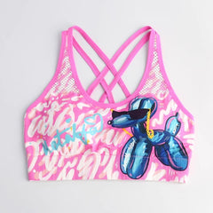 Cute Cartoon Sports Bra for Women, Breathable Anti-Shock Sports Vest, Yoga Top, Beautiful Back Design with Chest Pads