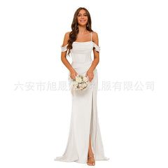 Long Satin Bridesmaid Dress Women's Thin Strap Prom Dress with Twill Evening Gown