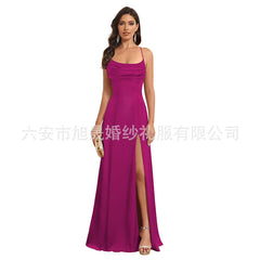 Long Satin Bridesmaid Dress Women's Thin Strap Prom Dress with Twill Evening Gown