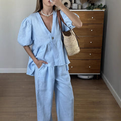 New Sweet Solid Color Set for Spring/Summer 2025, Pure Cotton V-Neck Top with Puff Short Sleeves and Long Pants - 2-Piece Set