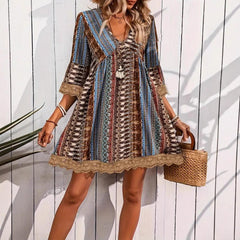 V-neck Printed Casual Loose Dress