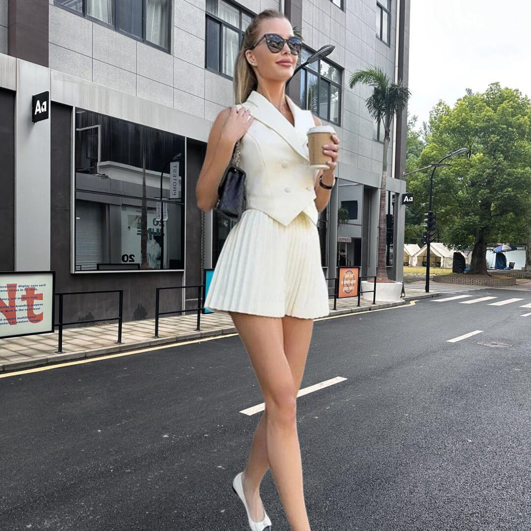 2024 Summer Cross-Border Amazon Fashion Elegant Lapel Double-Breasted Top High-Waisted Pleated Skirt Two-Piece Set