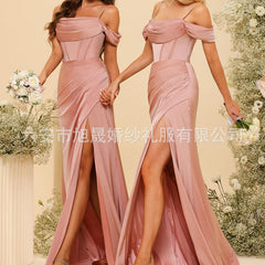 Long Satin Bridesmaid Dress Women's Thin Strap Prom Dress with Twill Evening Gown