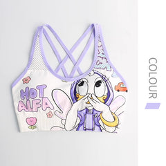 Cute Cartoon Sports Bra for Women, Breathable Anti-Shock Sports Vest, Yoga Top, Beautiful Back Design with Chest Pads