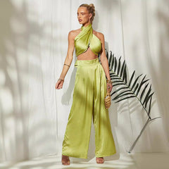 Solid Color Strapless Wide-Leg Pants Set