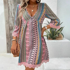 V-neck Printed Casual Loose Dress