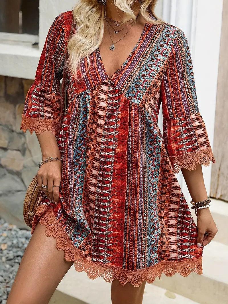 V-neck Printed Casual Loose Dress