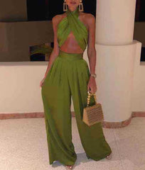 Solid Color Strapless Wide-Leg Pants Set