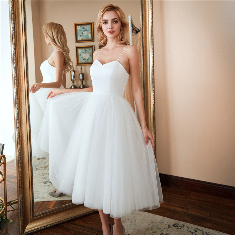 Wedding Dress for Women 2024 Spring New Korean Style Simple Spaghetti Strap Forest Photography Bride Mid-Length Outing Tulle