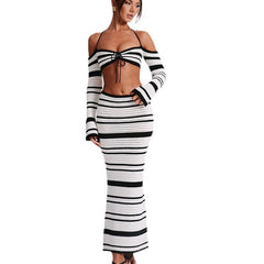 2025 Lace-up Short Crop Top with a Belly Button and Beach Bohemian Color-block Long Striped Skirt Beach Set for Women