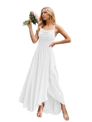 Chiffon Pleated Bridesmaid Evening Dress Short Front Long Back Off-Shoulder Party Prom Dress