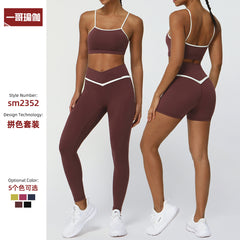 New Cross-Border Color Block Yoga Suit Set Bare Feel Butt-Lifting Sports Casual Fitness Outfit Cross-Waist Yoga Pants