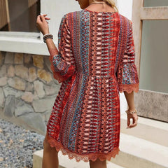 V-neck Printed Casual Loose Dress