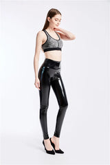 Shiny Push Up Leggings Black Summer PU Leather Pants Women High Waist Elastic Trousers Stretch Ankle-Length