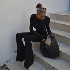 Solid Black Backless Bodycon Wide Leg Jumpsuit Women Autumn Casual Slim Long Sleeve O-Neck Playsuit Lady Streetwear