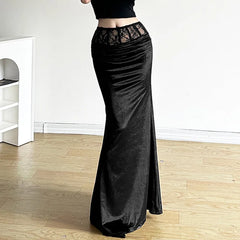 Goth Dark Elegant Mall Gothic Velvet Trumpet Skirts Partywear Lace Patchwork Long Skirt Ladies Evening Black Slim Cloth