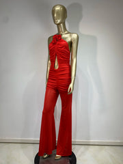 Chic INS Women Mesh Ruched Strapless Red Bodycon Flare Bandage Jumpsuit Celebrity Designer High Street Rompers