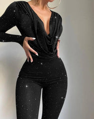 Jumpsuit Women Elegance 2025 Plain Glitter Cold Shoulder Long Sleeve Contrast Lace Corset Skinny Jumpsuit