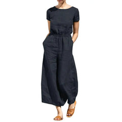 Women Jumpsuit Short Sleeves Solid Cotton Linen Summer Loose Wide Leg Lady Romper Clothes Dress-up Clothing Trousers Jumpsuit