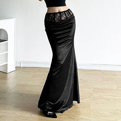 Goth Dark Elegant Mall Gothic Velvet Trumpet Skirts Partywear Lace Patchwork Long Skirt Ladies Evening Black Slim Cloth