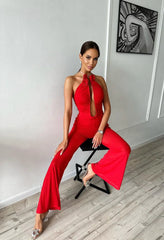 Chic INS Women Mesh Ruched Strapless Red Bodycon Flare Bandage Jumpsuit Celebrity Designer High Street Rompers