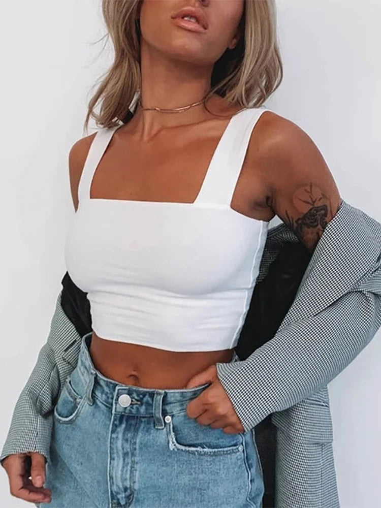 Square Neck Sleeveless Summer Crop Top White Women Black Casual Basic T Shirt Off Shoulder Cami Backless Tank Top