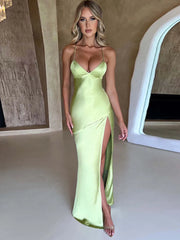 Articat Strapless Satin Maxi Dress Women Open Back High Slit Slim Dress