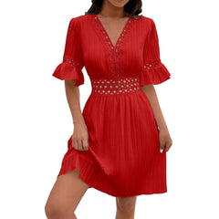 Women V Neck Flying sleeve Mini Dress Summer Hollow Embroidery Lace Patchwork Party Dress Casual Loose Beach A-Line Dress