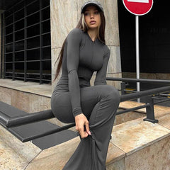 Solid Black Bodycon Wide Leg Jumpsuit Women Autumn Casual Slim Long Sleeve V-Neck Playsuit Lady Streetwear