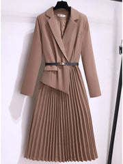 Vintage Pleated Belt Patchwork One Piece Blazer Dress Women Elegant Office Ladies Long Sleeve Notched Female Autumn Midi Vestido