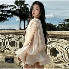 Elegant Pleated Short Dress Women Loose Lace Up Long Lantern Sleeve V Neck Dresses Female 2025 Spring Hollow Out Beach Robe Lady