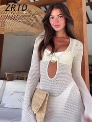 Knit Hollow Out Long Dress Women Slim V-neck Flare Sleeve Split Beach Cover Up 2024 Summer Lady Solid See Through Dresses