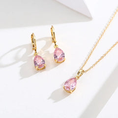 8Colors Cute Brass Yellow Gold Color Pear CZ Small Teardrop Charm Drop Earrings Pendant Necklace Jewelry Set For Women Girls 18"