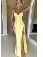 Articat Strapless Satin Maxi Dress Women Open Back High Slit Slim Dress