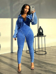 Autumn Cotton Ribbed Jumpsuit - Women's V-Neck Long Sleeve Skinny Romper