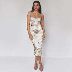 Spaghetti Strap Lace Print Midi Dress for Women Robe Strapless Backless High Waist Bodycon Club Party Long Dress