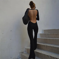 Solid Black Backless Bodycon Wide Leg Jumpsuit Women Autumn Casual Slim Long Sleeve O-Neck Playsuit Lady Streetwear