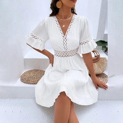 Women V Neck Flying sleeve Mini Dress Summer Hollow Embroidery Lace Patchwork Party Dress Casual Loose Beach A-Line Dress