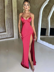 Articat Strapless Satin Maxi Dress Women Open Back High Slit Slim Dress