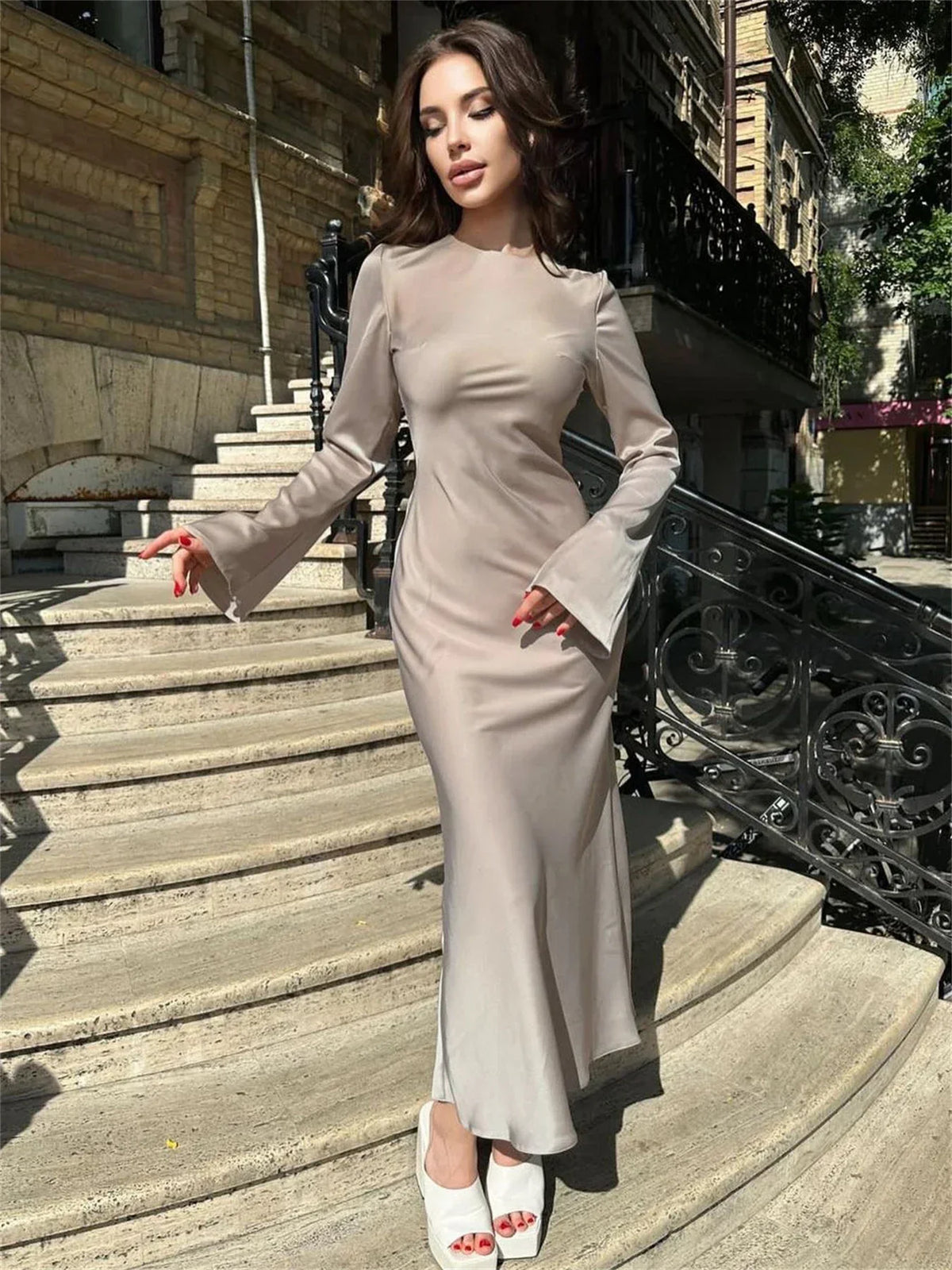 Tossy Satin Fashion Slim Maxi Dress For Women Long Sleeve High Waist Elegant Solid Party Dress Casual Luxury Ladies Autumn Dress