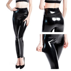 Shiny Push Up Leggings Black Summer PU Leather Pants Women High Waist Elastic Trousers Stretch Ankle-Length