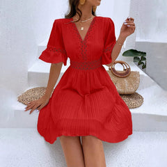 Women V Neck Flying sleeve Mini Dress Summer Hollow Embroidery Lace Patchwork Party Dress Casual Loose Beach A-Line Dress