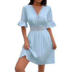 Women V Neck Flying sleeve Mini Dress Summer Hollow Embroidery Lace Patchwork Party Dress Casual Loose Beach A-Line Dress