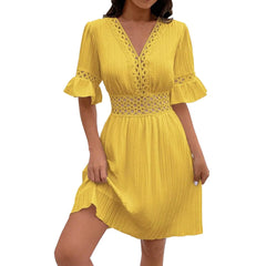 Women V Neck Flying sleeve Mini Dress Summer Hollow Embroidery Lace Patchwork Party Dress Casual Loose Beach A-Line Dress