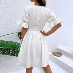 Women V Neck Flying sleeve Mini Dress Summer Hollow Embroidery Lace Patchwork Party Dress Casual Loose Beach A-Line Dress