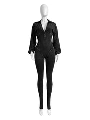 Autumn Cotton Ribbed Jumpsuit - Women's V-Neck Long Sleeve Skinny Romper